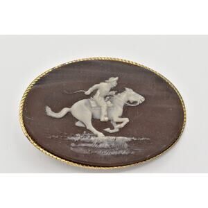 Vintage USA Handcrafted Incolay Stone Belt Buckle Western Cowboy Horse Cameo